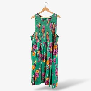 Torrid Green Floral Smocked Midi Dress Size 4X Sleeveless Purple Orange Casual